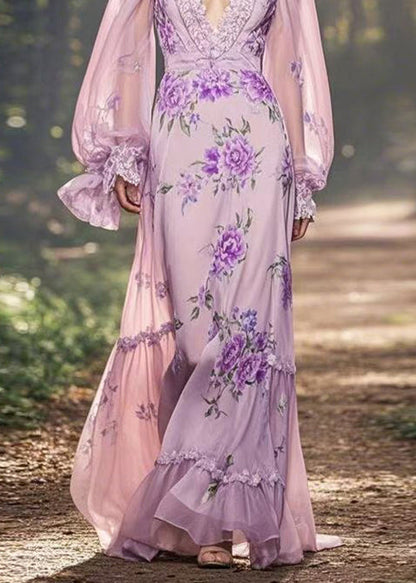 Light Purple Print Ruffled Patchwork Chiffon Long Dresses Spring