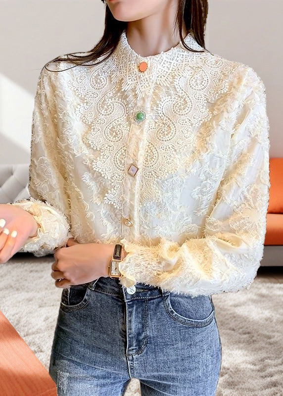 French Apricot Tassel Jacquard Lace Shirt Top Spring