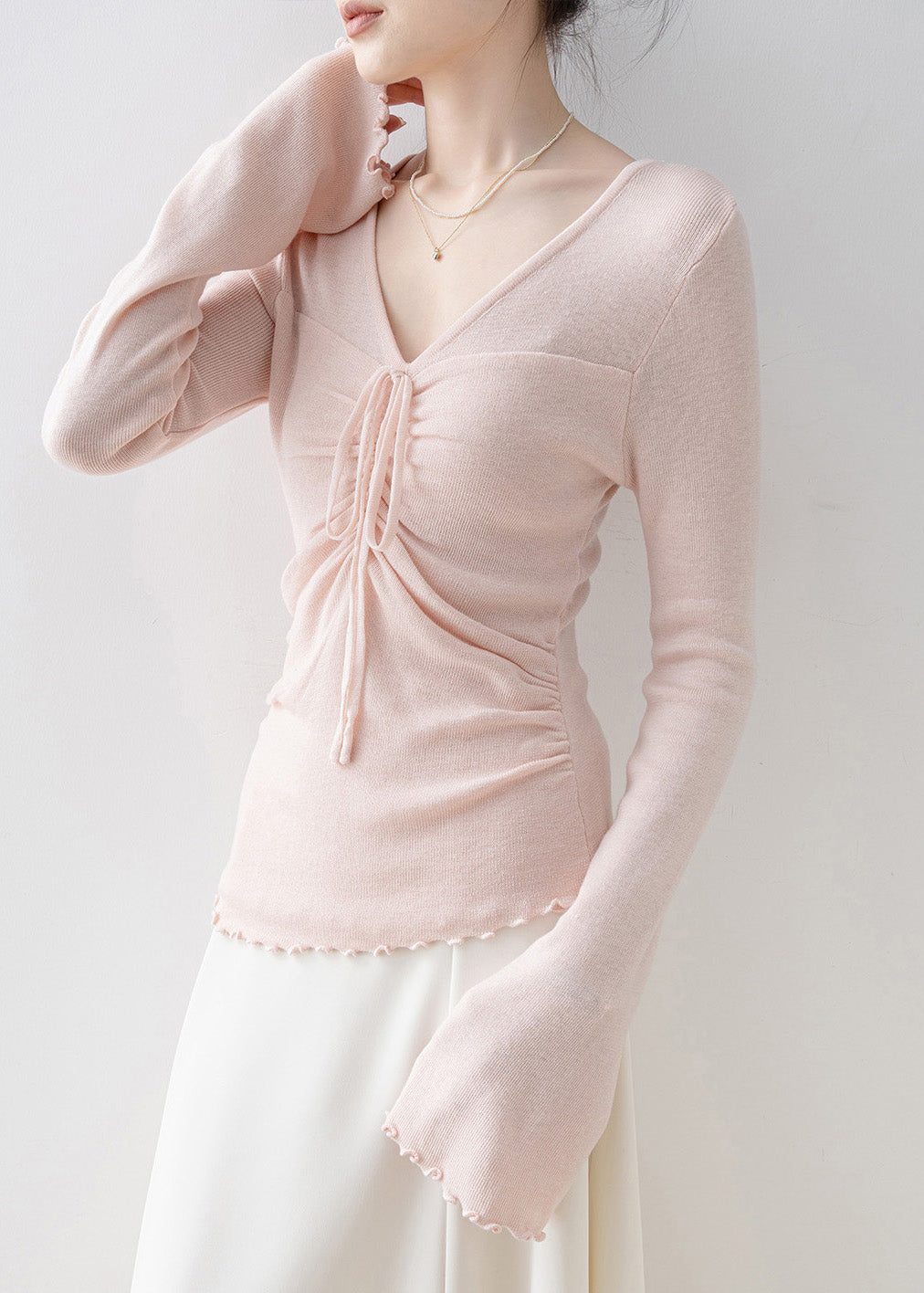 Pink V Neck Bow Knit Top Flare Sleeve