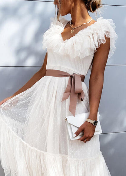 French White V Neck Ruffled Patchwork Tulle Dress Summer