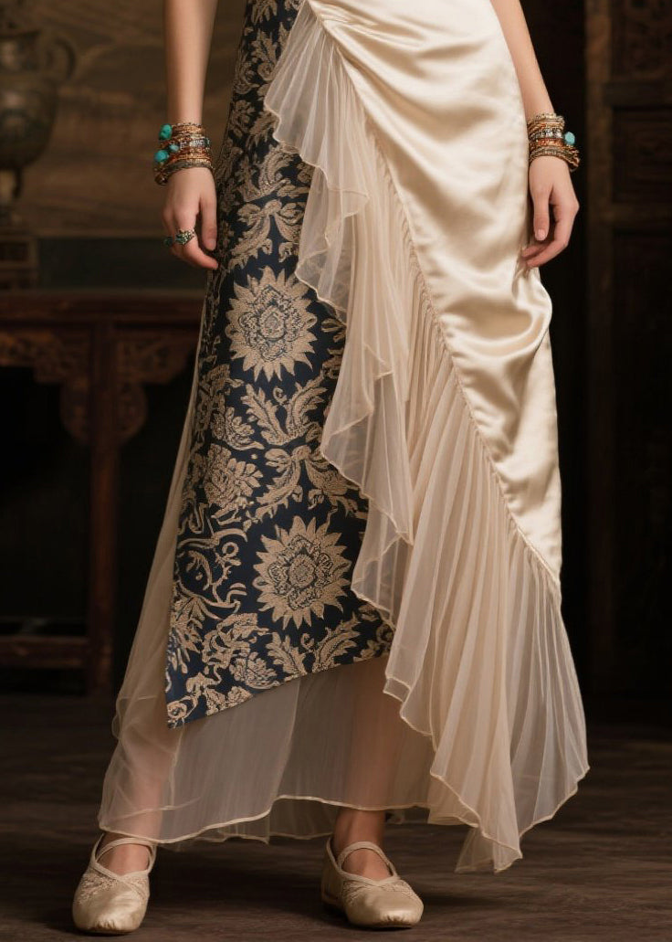 Champagne Asymmetrical Tulle Patchwork Silk Robe Dresses Summer
