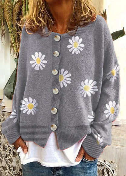 Orange Embroidered Button Knit Cardigan Fall