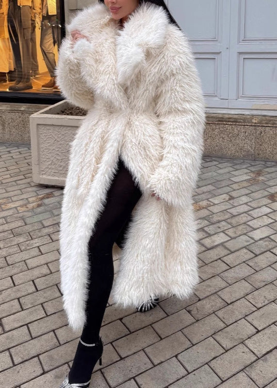 Modern White Peter Pan Collar Thick Warm Faux Fur Coats Winter