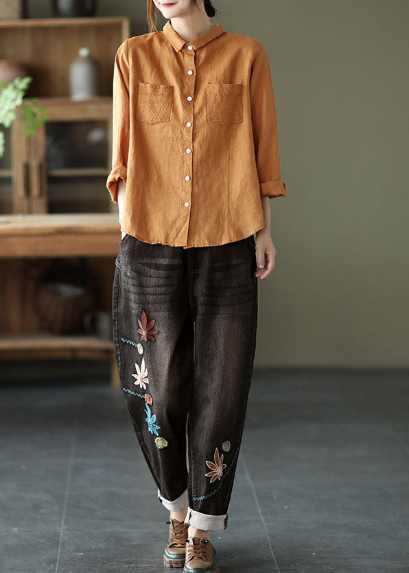 Unique Red Peter Pan Collar Embroidered Patchwork Pockets Linen Top Spring