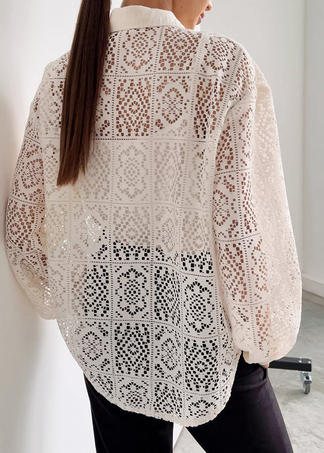 Stylish Beige Peter Pan Collar Hollow Out Cotton Shirt Tops Spring