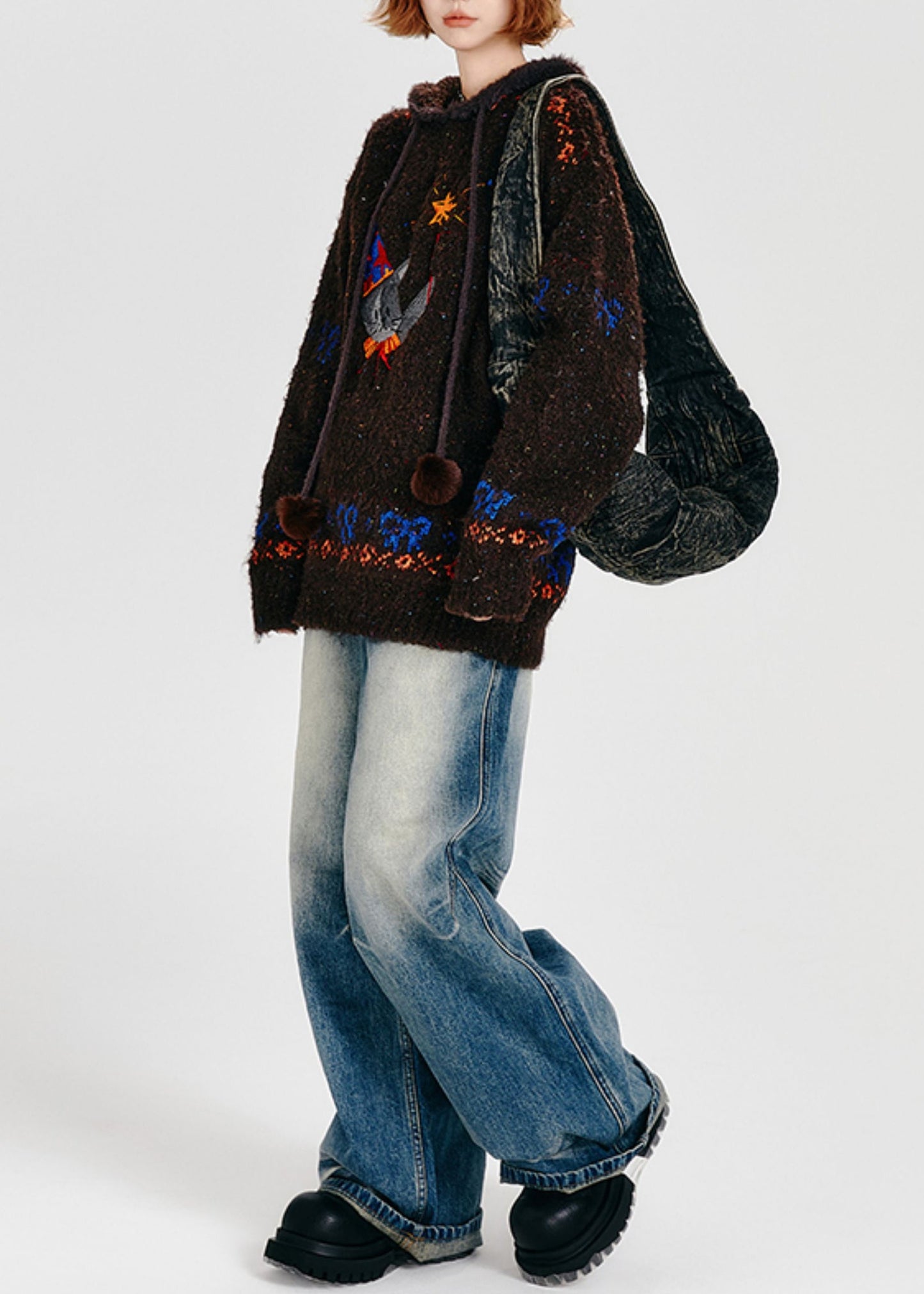 Choaolate Hooded Cat Embroidered Knit Loose Sweatshirt Winter