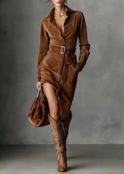 Camel Button Pockets Sashes Faux Suede Shirts Dresses Spring