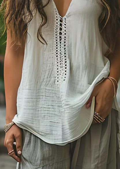 Simple White V Neck Hollow Out Cotton Tank Top Sleeveless