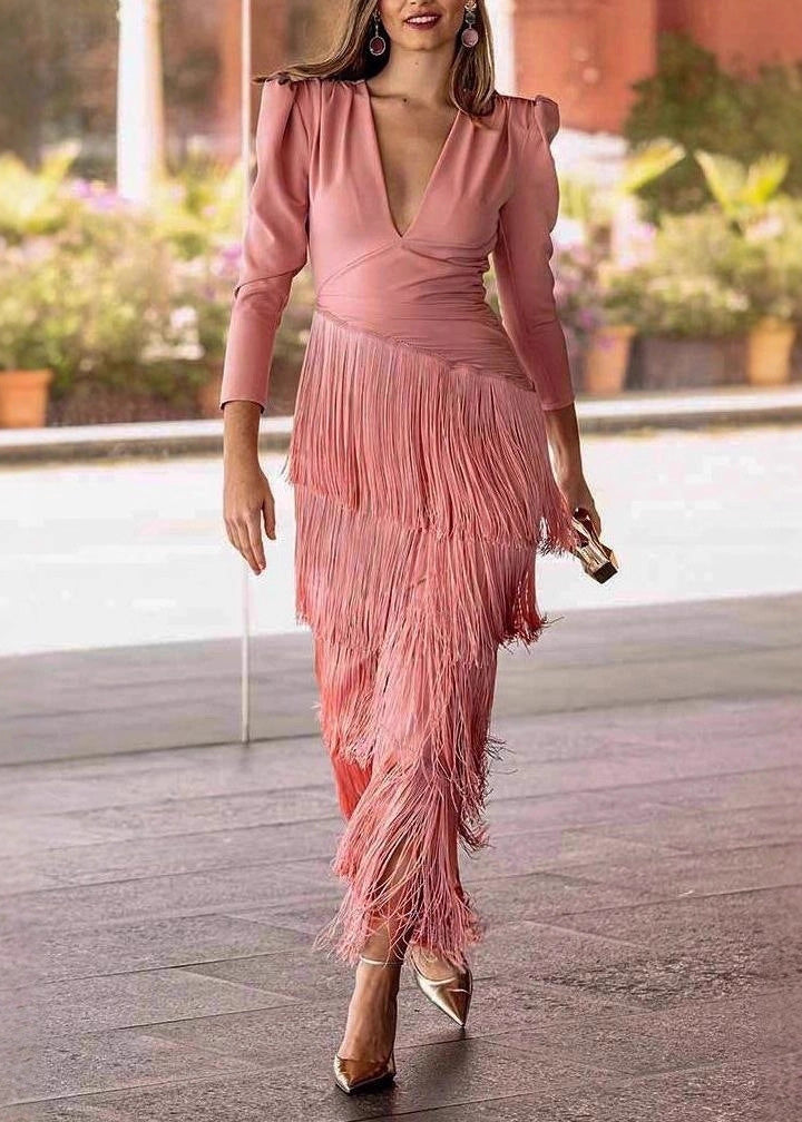 Green V Neck Tassel Patchwork Cotton Dress Spring
