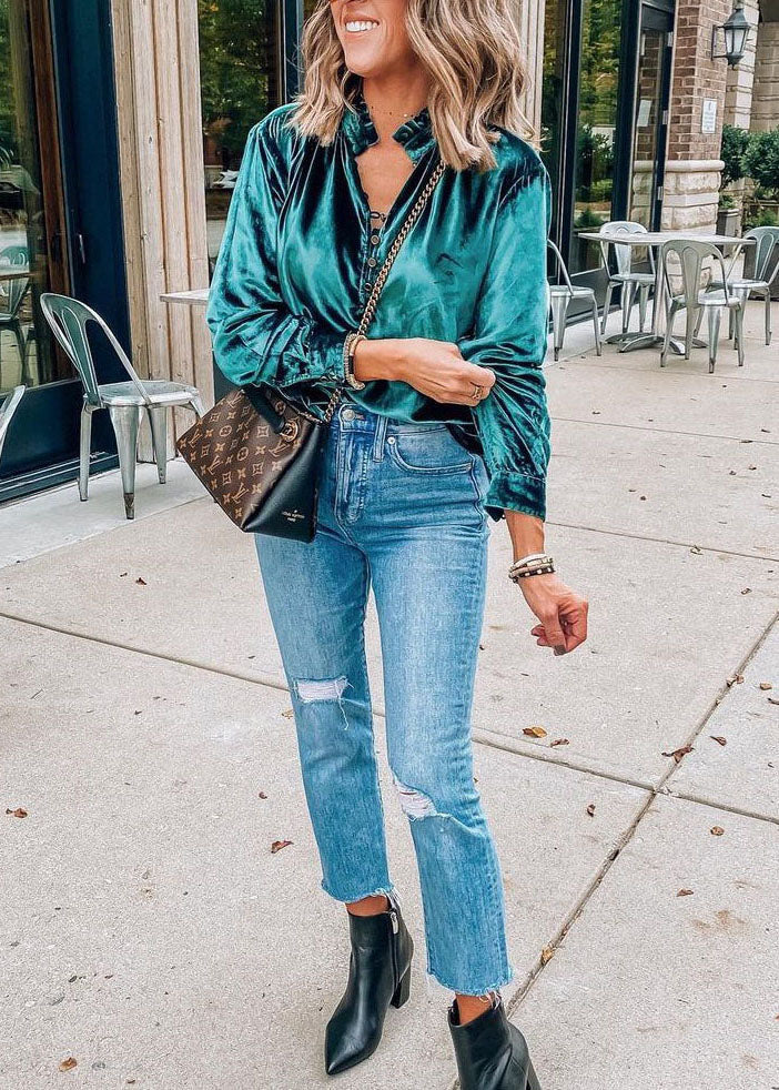 European and American Style Blue Ruffled Velour Top Spring