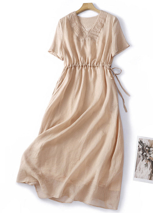 V Neck Lace Up Linen Dress Summer