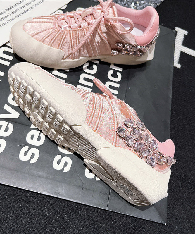 Pink Canvas Lace Up Zircon Splicing Flat Shoes for