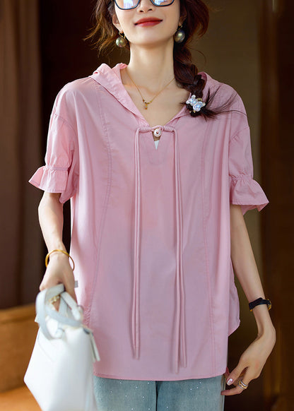 Pink Hooded Chinese Button Cotton T Shirt Summer