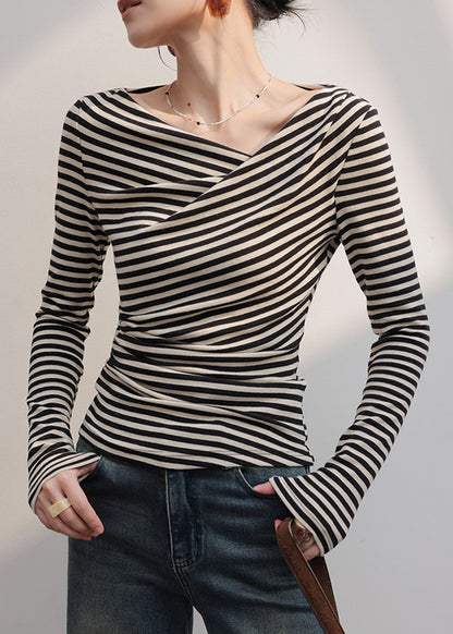 Black Cold Shoulder Striped Cotton Shirt Tops Fall