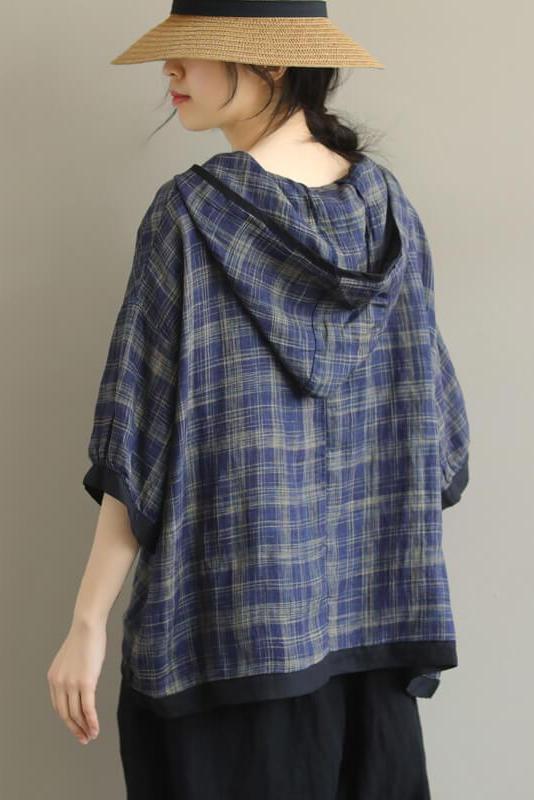 Cotton Plaid Hooded Color Patchwork T-shirt