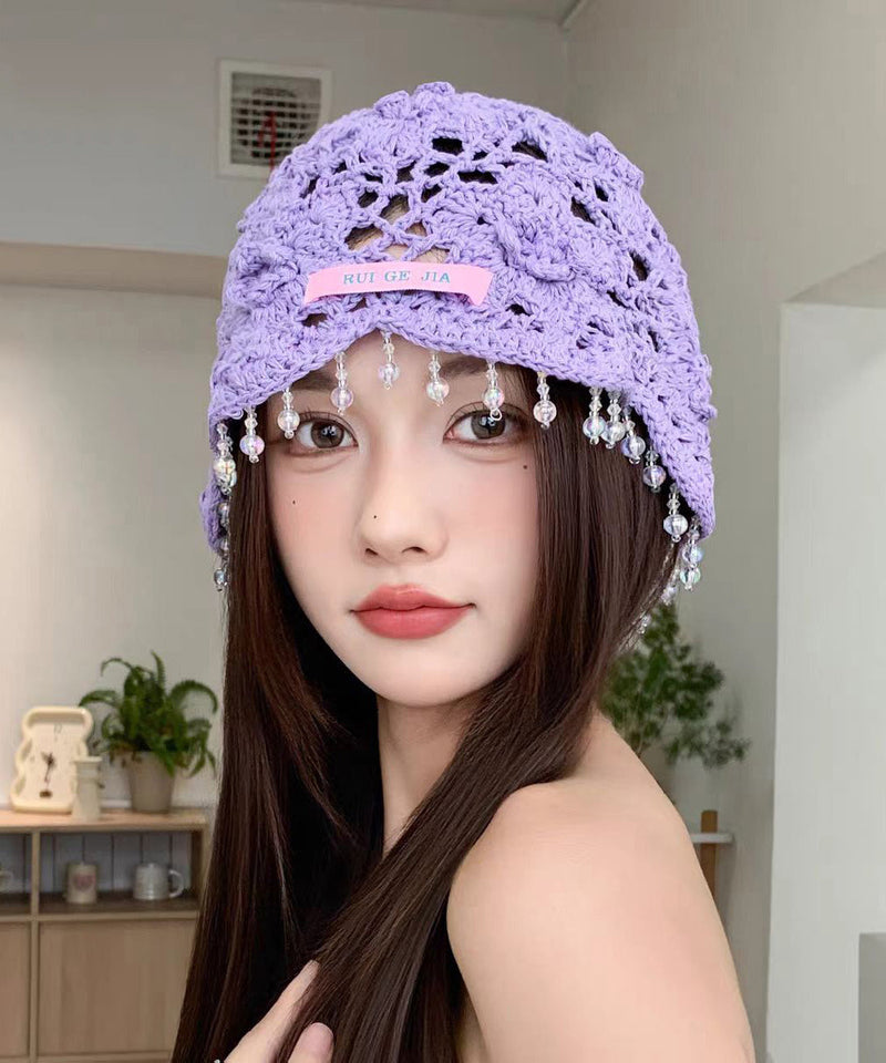 Blue Tassel Hollow Out Knit Boonie Hat