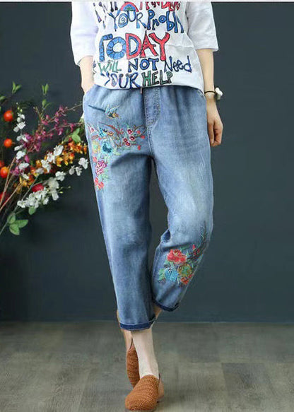 Blue Embroidered Denim Ripped Pants Summer