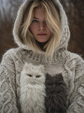 Comstylish Cute Fuzzy Cats Embroidered Cozy Hooded Sweater
