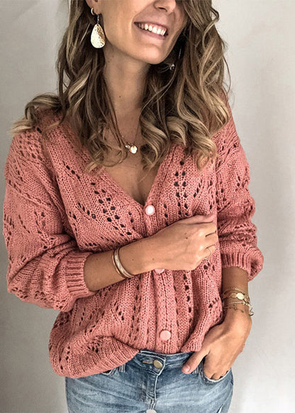 French Pink V Neck Hollow Out Button Knit Cardigans Fall