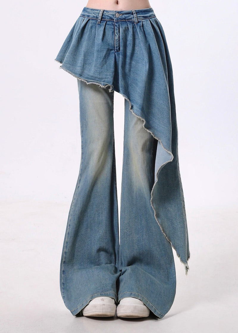 Blue Asymmetrical Patchwork Denim Flared Trousers Pants Spring