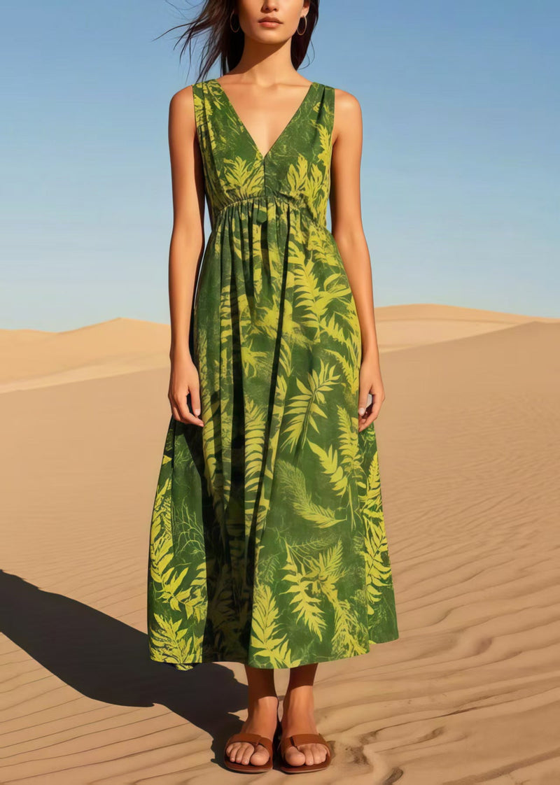 Tea Green V Neck Print Cotton Cami Dresses Summer