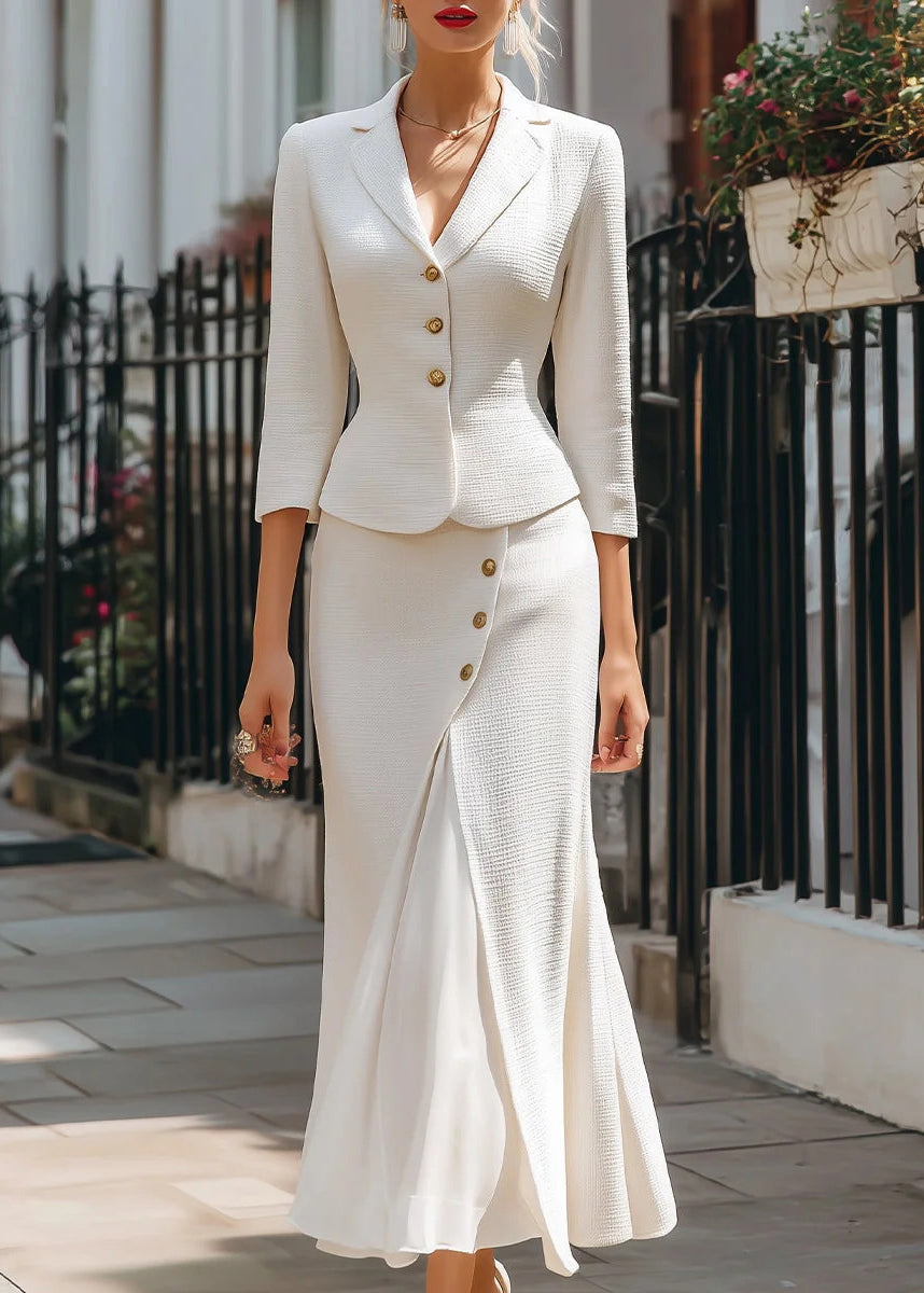 Modern White Suit Coat and Skirts Cotton Two Pieces Set Fall
