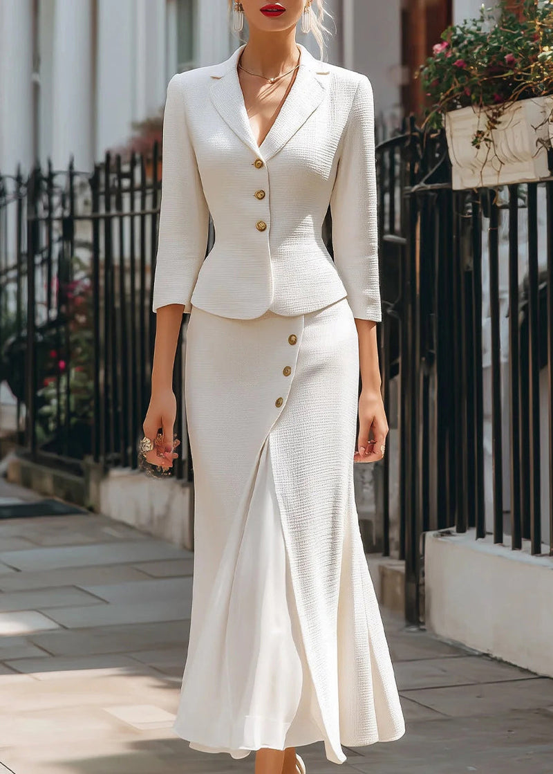 Modern White Suit Coat and Skirts Cotton Two Pieces Set Fall