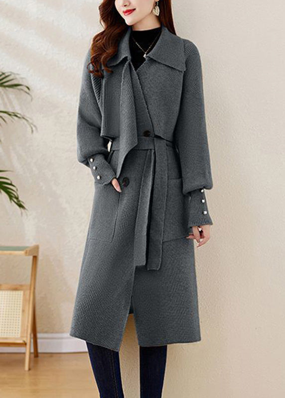 Grey Peter Pan Collar Tie Waist Knit Coats Winter