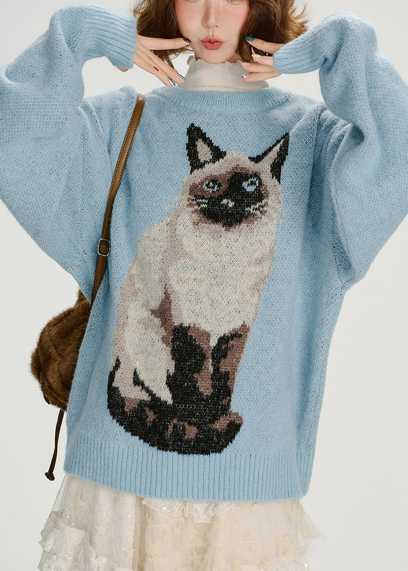 Blue Oversized Dog Jacquard Knit Sweater Tops Winter