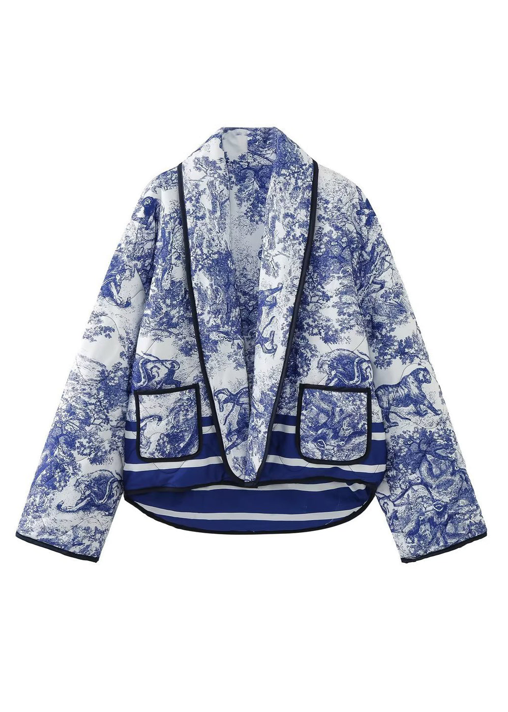 Handmade Navy Pockets Print Fine Cotton Filled Coat Fall