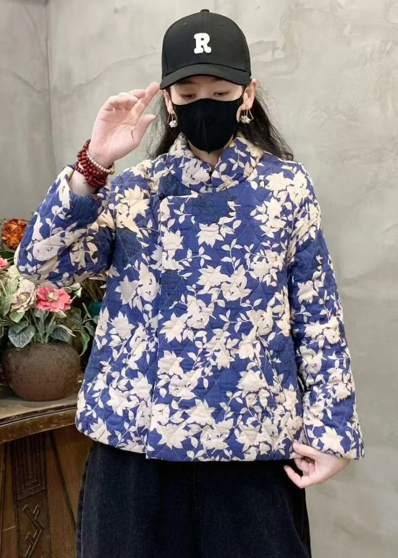 Blue Stand Collar Print Fine Cotton Filled Coat Winter