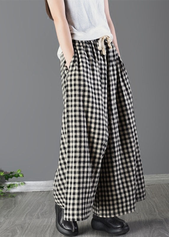 Large Plaid Elastic Waist Linen Wide Leg Pants Summer