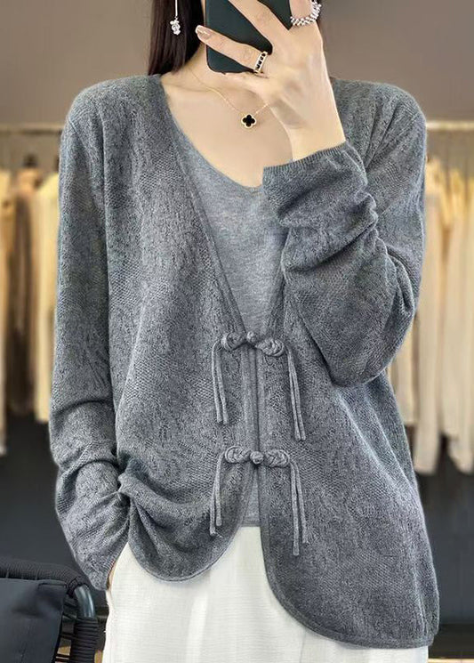 Grey Cozy Knit Cardigans V Neck Long Sleeve