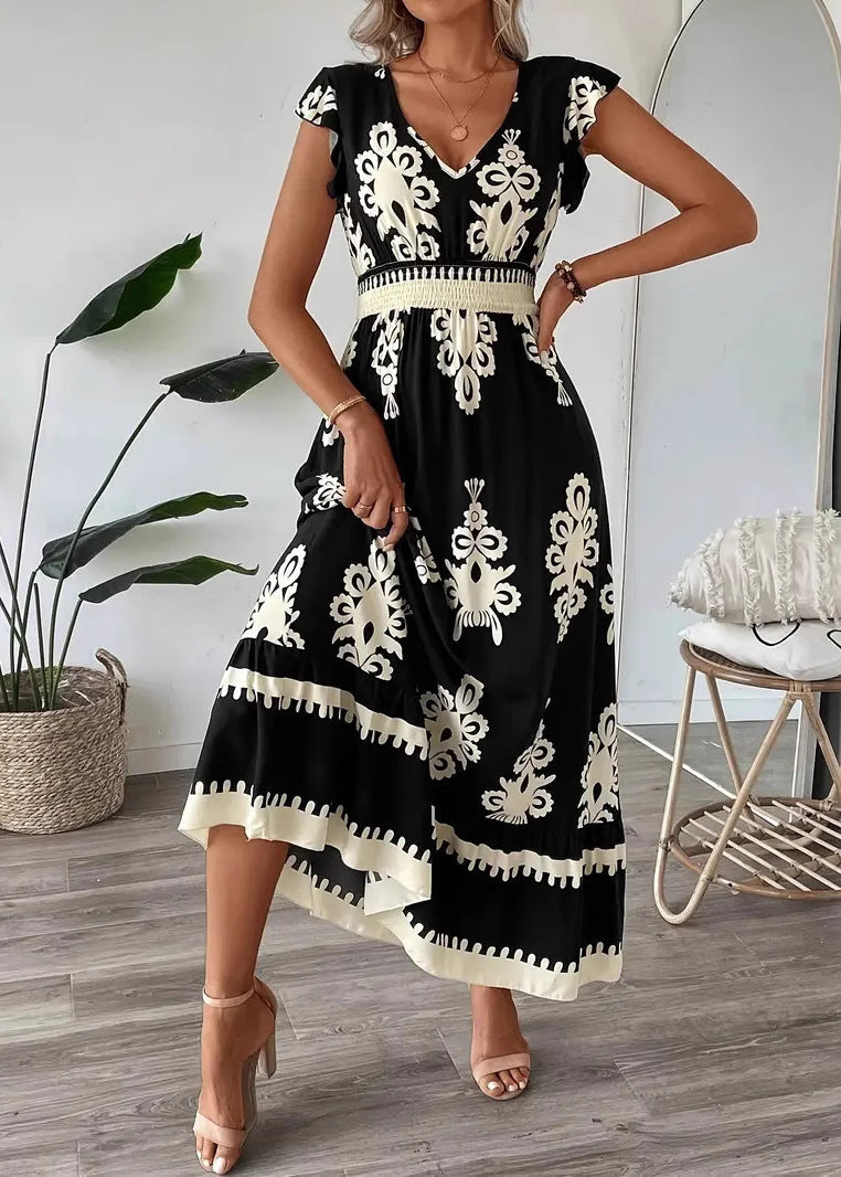 Navy V Neck Print Cotton Vacation Dress Summer