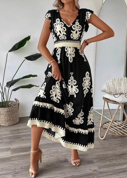 Navy V Neck Print Cotton Vacation Dress Summer