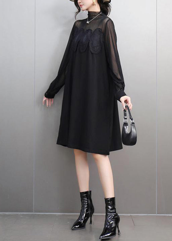 Black Lace Patchwork Tulle Long Dress Spring