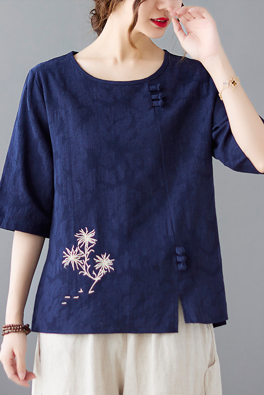 -summer Embroidered Cotton T-shirt Loose Mid Sleeve Tops
