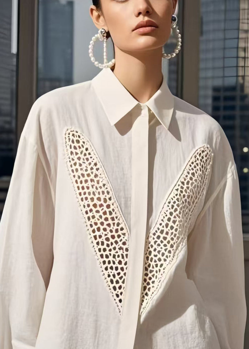 White Patchwork Cotton Shirts Hollow Out Spring
