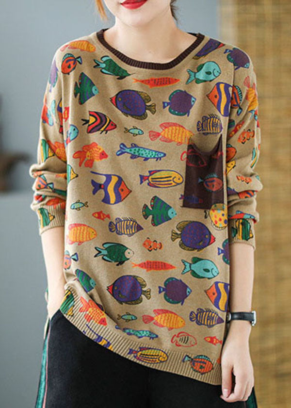 Khaki O-neck Oversized Print Knit Sweater Tops Winter