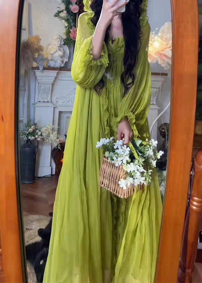 Green V Neck Ruffled Hooded Chiffon Maxi Dress Spring