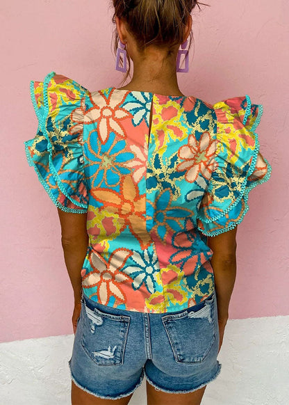 Style Green O-neck Ruffled Print T Shirt Summer