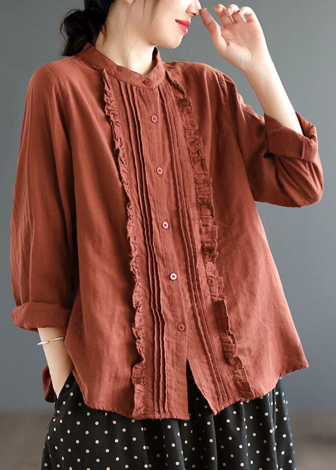 Khaki Ruffled Color Cotton Shirt Tops Spring