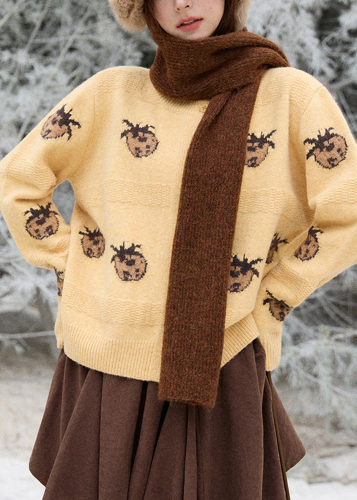 Apricot Print Button Cotton Knit Cardigan Long Sleeve