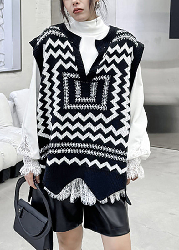 Black White Print V Neck Asymmetrical Thick Cotton Knit Waistcoat Sleeveless