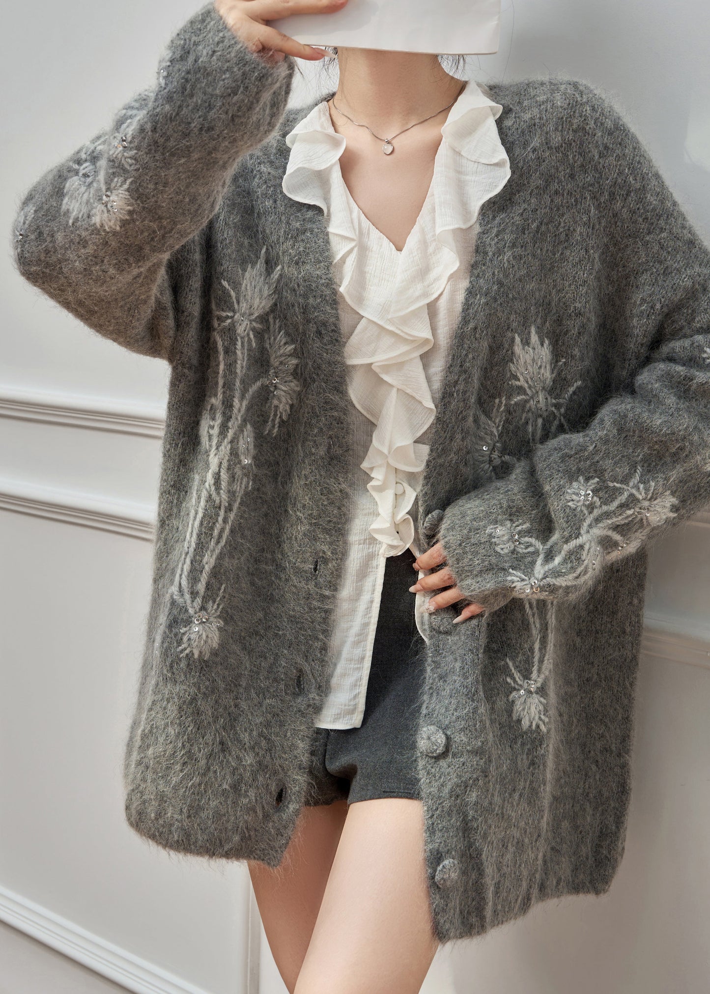 Boutique Grey Embroidered Sequins Cotton Knit Cardigan Spring