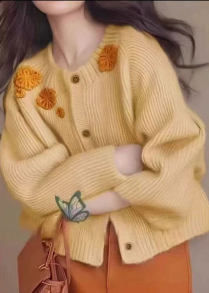 French Yellow Decorated Thick Knit Cardigan Winter