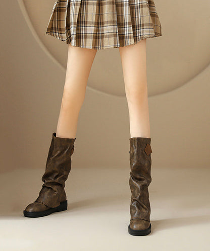 Brown Cowhide Leather Wrinkled Splicing Platform Boots