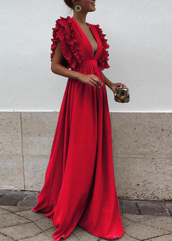 Fine Red V Neck Patchwork Cotton Robe Dresses Butterfly Sleeve