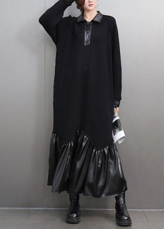 Black Peter Pan Collar Patchwork Button Maxi Dresses Spring