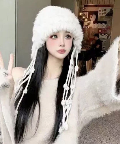 White Tassel Rabbit Wool Knit Bonnie Hat